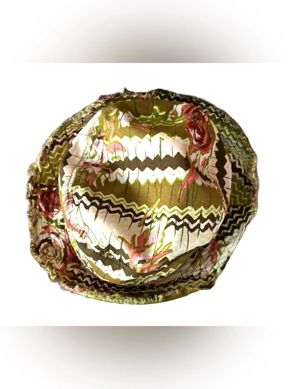 Pistil Women’s Fabric Bucket Hat, Pink/Green Pattern, Raw Edge, Wire In Brim
